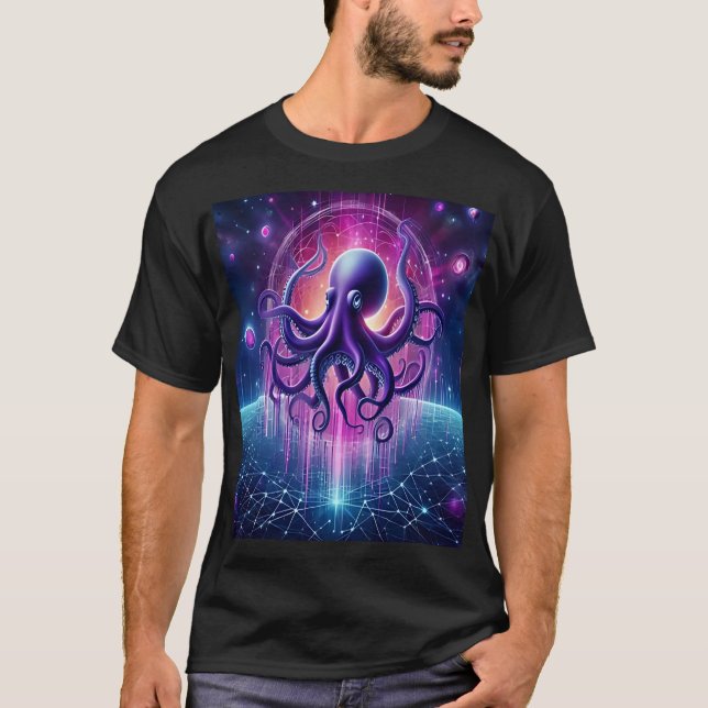 The Cosmic Octopus: Guardian of the Digital Univer T Shirt (Framsida)