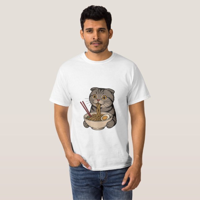  The Cozy Cat Slurping Noodles T Shirt (Hel framsida)
