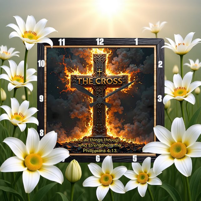 The Cross Fiery Time Philippians 4:13 Verse Fyrkantig Klocka (Skapare uppladdad)