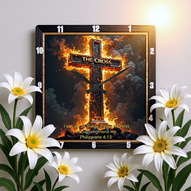 The Cross Medallion Fire Philippians 4:13 Verse Fyrkantig Klocka (Skapare uppladdad)