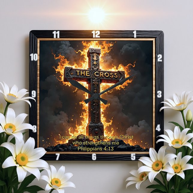 The Cross Medallion Power Philippians 4:13 Verse Fyrkantig Klocka (Skapare uppladdad)