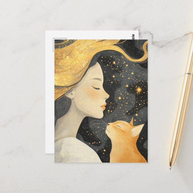 The Cute Ginger Cat and a Woman Vykort (Fram/Back In Situ)