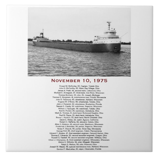 The Edmund Fitzgerald with Crew Names Kakelplatta (Framsidan)