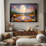 The Enchanted Dream Lake Poster<br><div class="desc">Contemplate the magic of a giant moon reflected in serene waters, surrounded by snow-capped mountains and a starry sky in pink and golden tones. This fantastic artwork transports you to an enchanted realm where dreams come true. Stunning digital art that brings peace, mystery, and cosmic beauty to your space.</div>