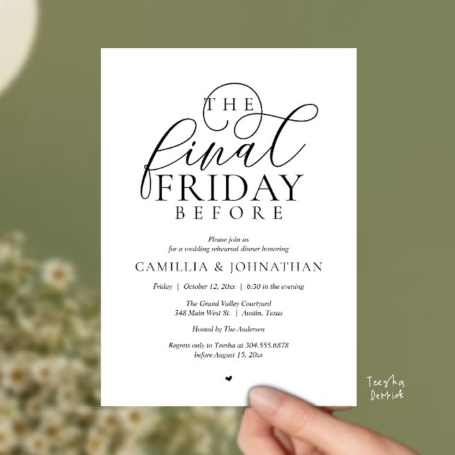 “The Final Friday Before” Romantiskt Rehearsal Din Inbjudningar (“The Final Friday Before” Romance Rehearsal Dinner Celebration Invitation Card in black and white)