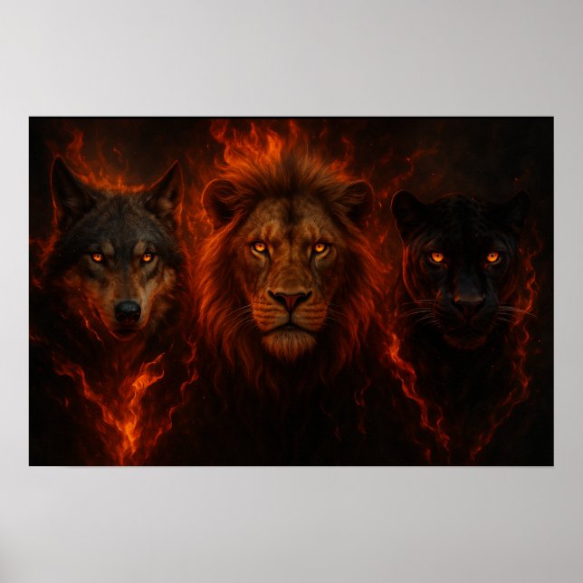 The Fire Trio – Lion, Wolf, and Panther Power Art Poster (Framsidan)