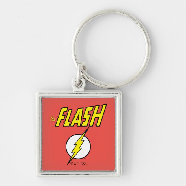 The Flash Name & Lightning Bolt Logo Fyrkantig Silverfärgad Nyckelring (Framsidan)