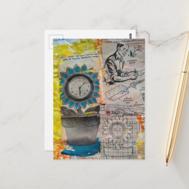 The Flower Clock Mixed Media Collage Vykort (Fram/Back In Situ)