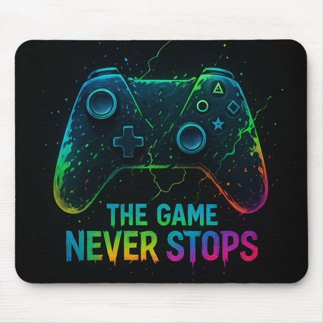 The Game Never Stops — Neon Gamer Controller Musmatta (Framsidan)