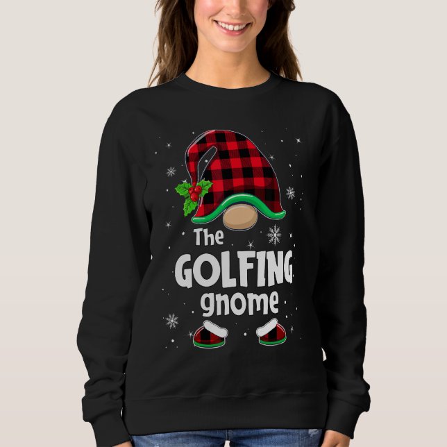 The Golfing Gnome Buffalo Plaid Christmas Matching T Shirt (Framsida)