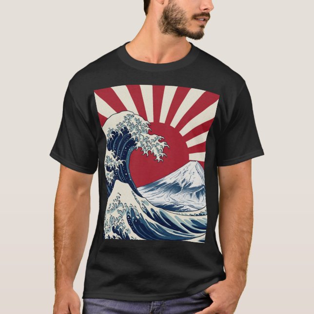The Great Wave off Kanagawa & rising sun flag T Shirt (Framsida)