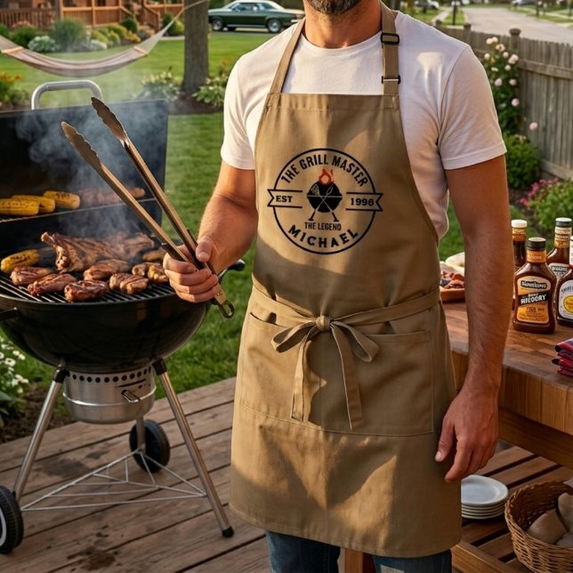 The Grill Master Grundat År Namn Flamma Förkläde (grilling aprons dad bbq birthday foodie  for him grillmaster cooking modern chef men fathers day )