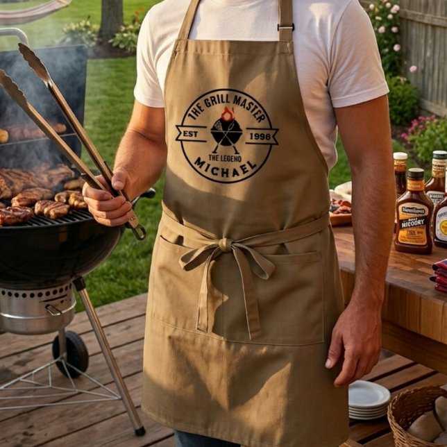The Grill Master Grundat År Namn Flamma Förkläde (grilling aprons dad bbq birthday foodie  for him grillmaster cooking modern chef men fathers day )