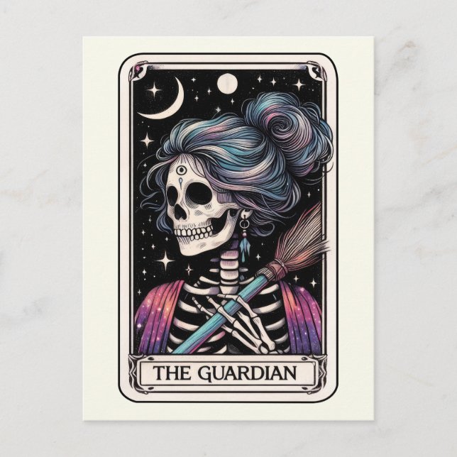 The Guardian Tarot Witchy Skeleton Broomstick Vykort (Framsida)