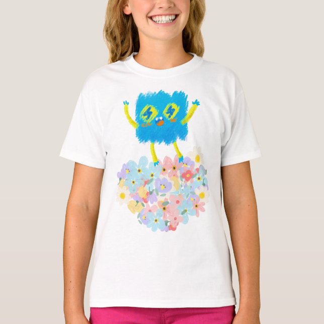 The Happy Blue Scribble on a Bed of Flowers T Shirt (Framsida)