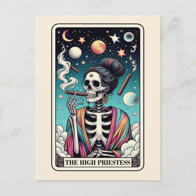 The High Priestess Tarot Art Smoking Skeleton Goth Vykort (Framsida)