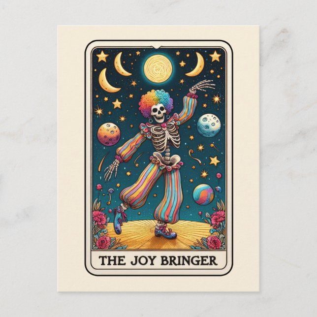 The Joy Bringer Tarotkonst Regnbågsclown Skelett Vykort (Framsida)