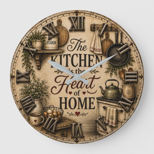 The Kitchen Is the Heart of Home Rustic Farmhouse Stor Klocka (Framsida)