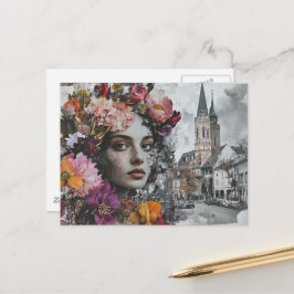 The Lady Collage With Flowers and Buildings Vykort