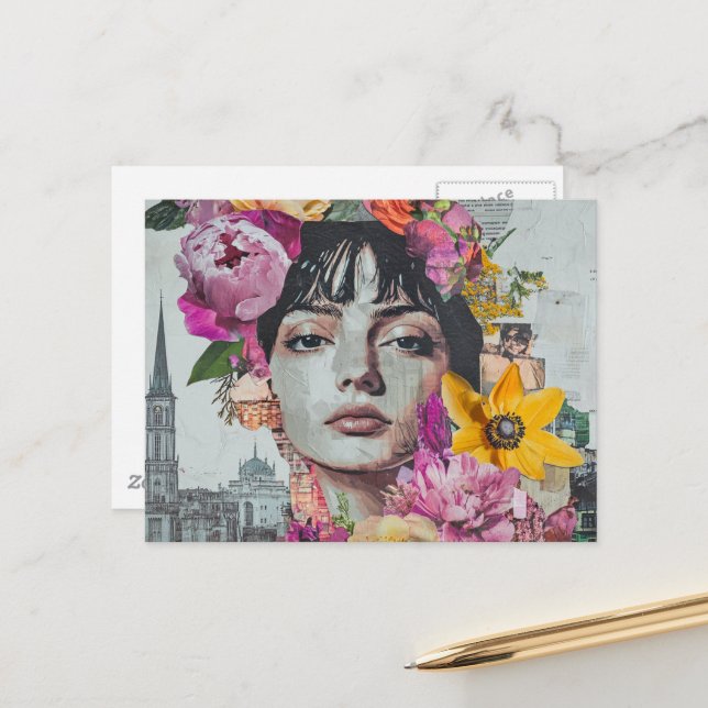 The Lady in a City Collage Flowers Buildings Vykort (Fram/Back In Situ)