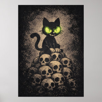 The Last Hiss - Retro katt på kranier, mörk teckna Poster