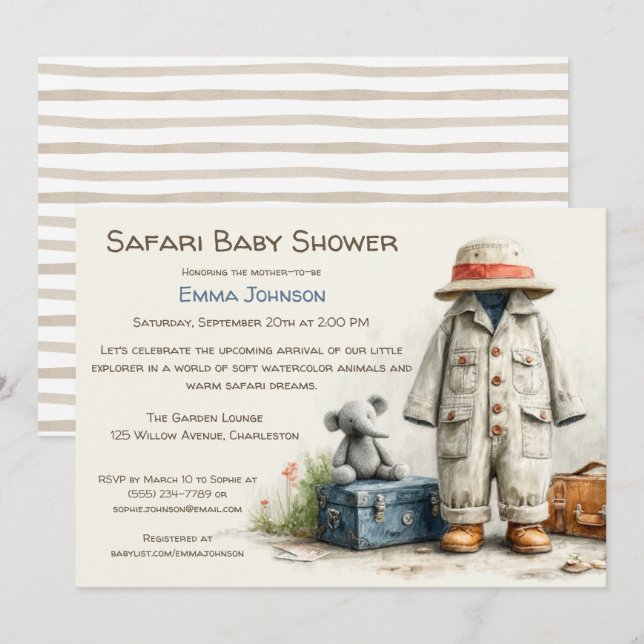 The Little Explorer | Safari Adventure Baby Shower Inbjudningar (Fram/baksida)