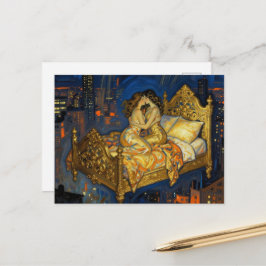The Lovers Kiss Magical Bed Above the City Fantasy Vykort