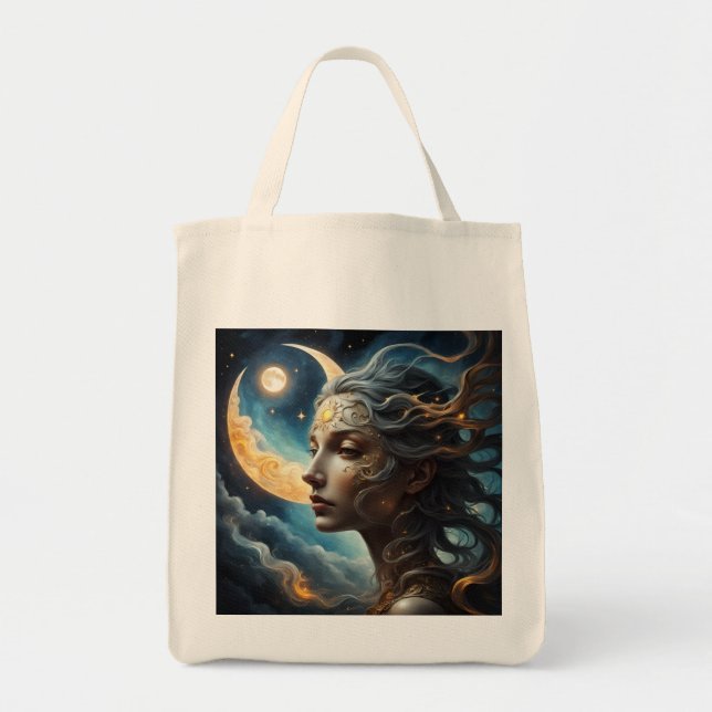 "The Lunar Oracle"-Celestial Moon Goddess Tote Bag Tygkasse (Framsidan)