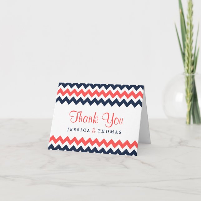 The Modern Chevron Bröllopssamling Navy & Coral Tack Kort (Framsida)