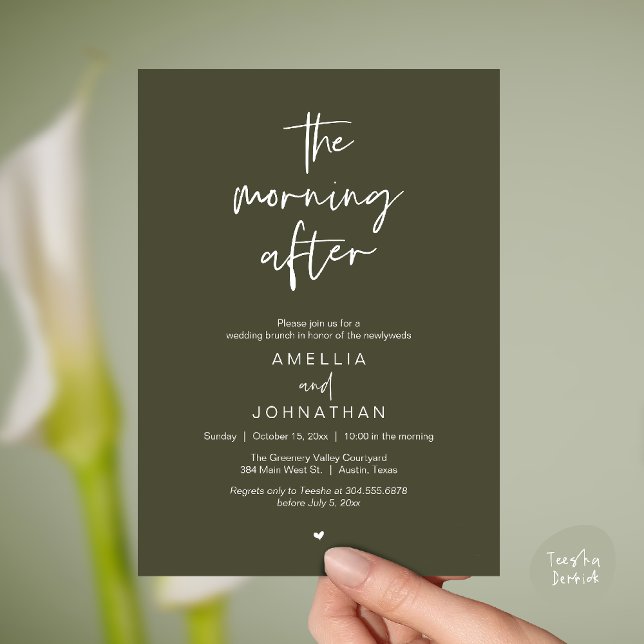 The morning after, Modern Post Wedding Brunch Inbjudningar (The morning after, Modern Post Wedding Brunch celebration  Invitation card in olive green)