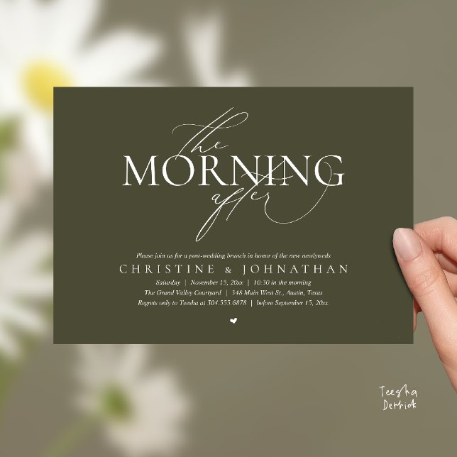 The Morning After, Post Wedding Brunch Elopement Inbjudningar (The Morning After, Post Wedding Brunch Elopement Invitation Card in warm contemporary Olive Green)
