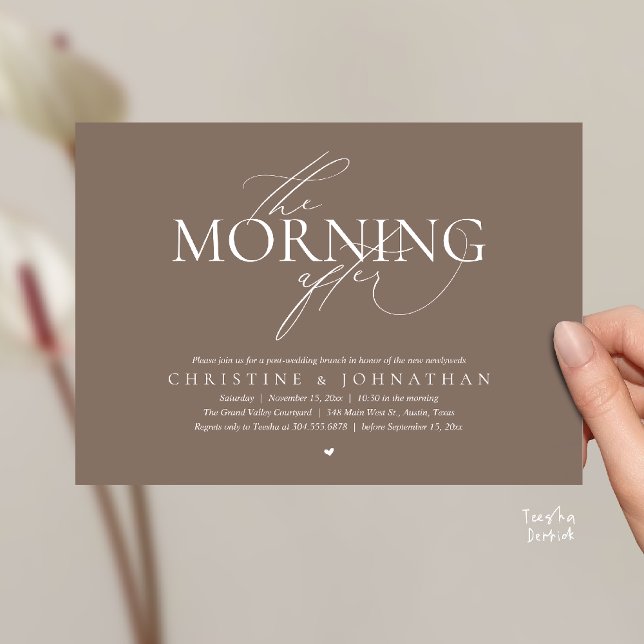 The Morning After, Post Wedding Brunch Elopement Inbjudningar (The Morning After, Post Wedding Brunch Elopement Invitation Card in warm contemporary taupe brown)