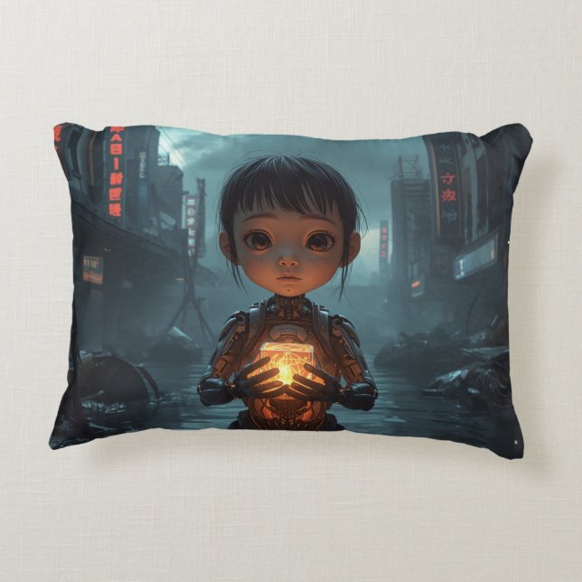 The Neon Refugee Girl: Sci Fi Cyberpunk Pillow Prydnadskudde (Baksidan)