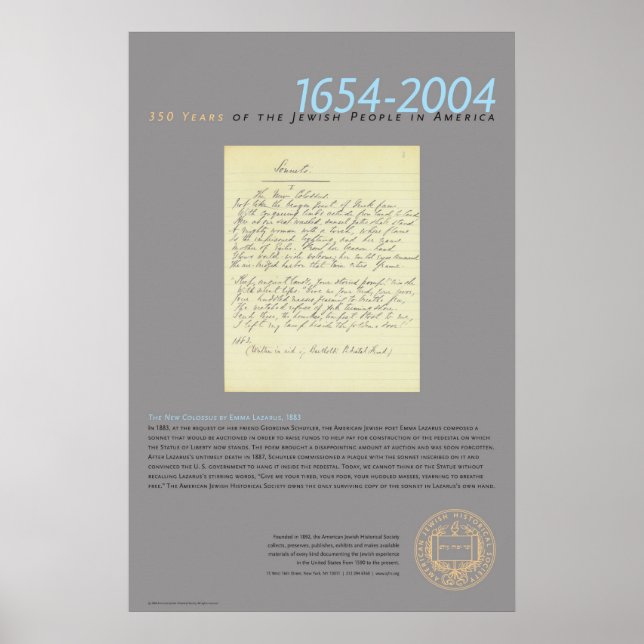 The New Colossus av Emma Lazarus, 1883 Poster (Framsidan)