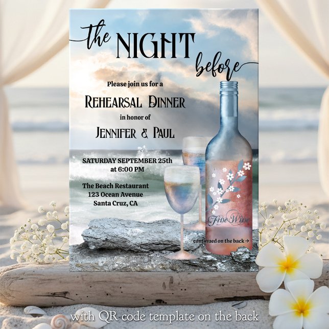 The Night Before Beach and Wine Rehearsal Dinner Inbjudningar (Rehearsal Dinner invitation featuring a fine art painted  wine bottle with two glasses on the beach)