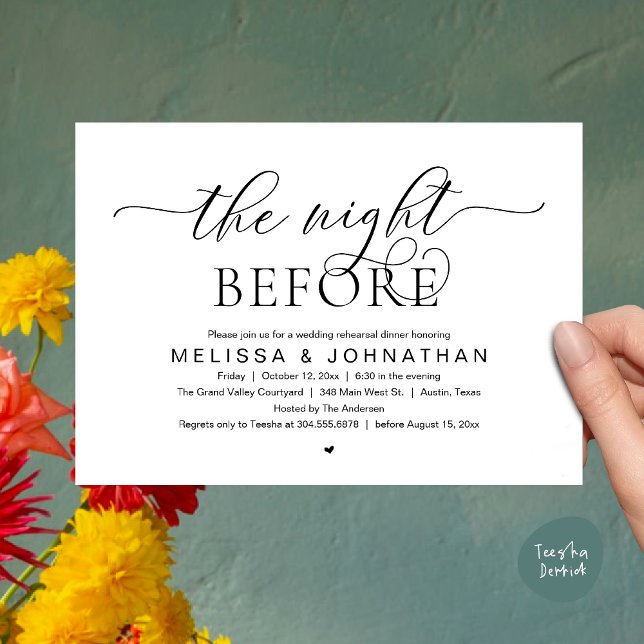 The Night Before, Classy Wedding Rehearsal Dinner Inbjudningar (The Night Before, Classy Modern Wedding Rehearsal Dinner Invitation Card PDF Black White)