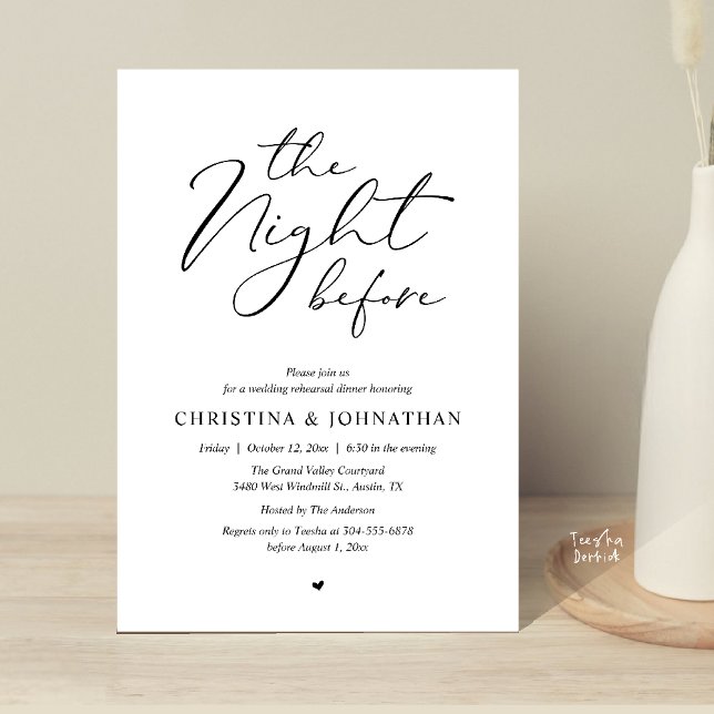 ”The Night Before” Elegant manus repetitionskvälls Inbjudningar (“The Night Before” Elegant Script Romantic Rehearsal Dinner Invitation Card Black White)