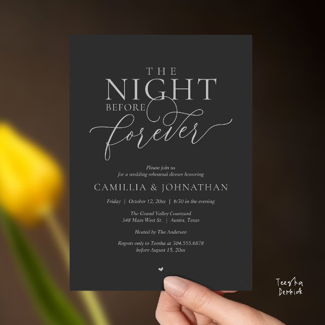 “The Night Before Forever” Charcoal Gray Silver   Inbjudningar (“The Night Before Forever” Charcoal Gray and silver Rehearsal Invitation Card)