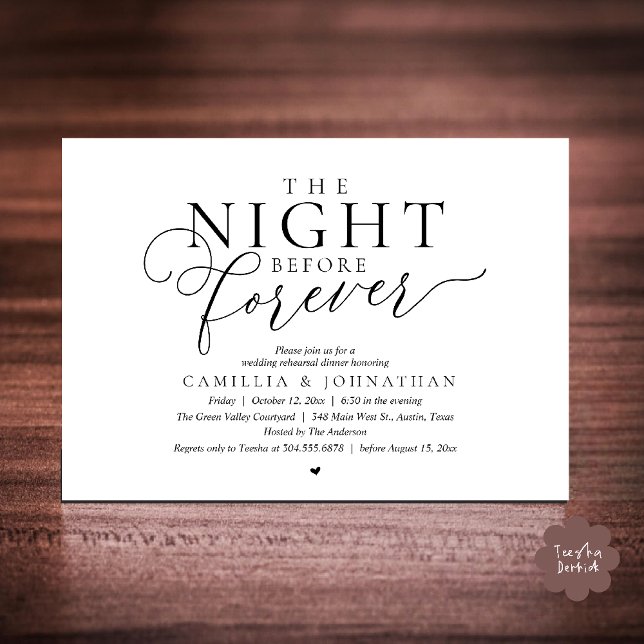 “The Night Before Forever” Modern Rehearsal Dinner Inbjudningar (“The Night Before Forever” Modern Classy Rehearsal Dinner Invitation card in black and white)