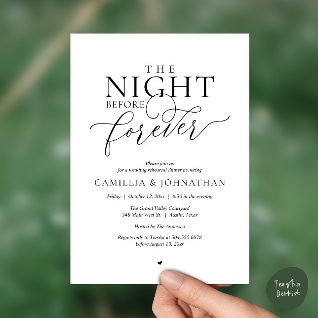 “The Night Before Forever” Modern Rehearsal Dinner Inbjudningar (“The Night Before Forever” Modern Rehearsal Dinner Invitation Card in Black and White)