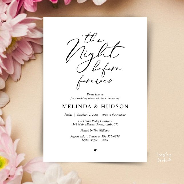 The Night Before Forever Romantic Rehearsal Dinner Inbjudningar (Modern Romantic Wedding Rehearsal Dinner The Night Before Forever Invites Card in Black and White)