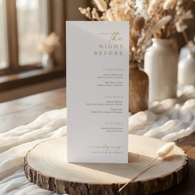 The Night Before Gold Wedding Rehearsal Dinner Meny (Elegant gold rehearsal dinner menus - the night before - elegant handwriting)