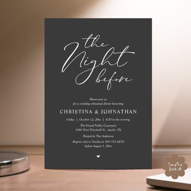 ”The Night Before” Kolgrå Rehearsal Dinner Inbjudningar (“The Night Before” Elegant Script Romantic Rehearsal Dinner Invitation Card Charcoal Elegance)