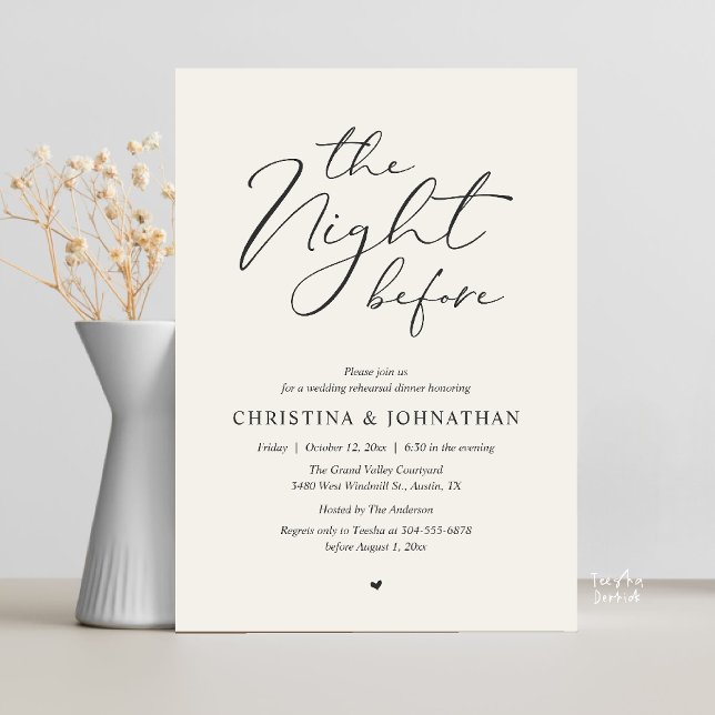”The Night Before” Mjuk Linne Rehearsal Middag Inbjudningar (“The Night Before” Elegant Script Romantic Rehearsal Dinner Invitation Card Soft Linen)