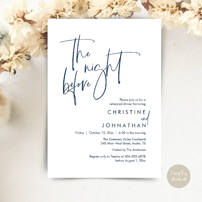 The Night Before, Modern Casual Rehearsal Dinner Inbjudningar (The Night Before, Modern Wedding Rehearsal Dinner Invitation Card in Navy Blue)