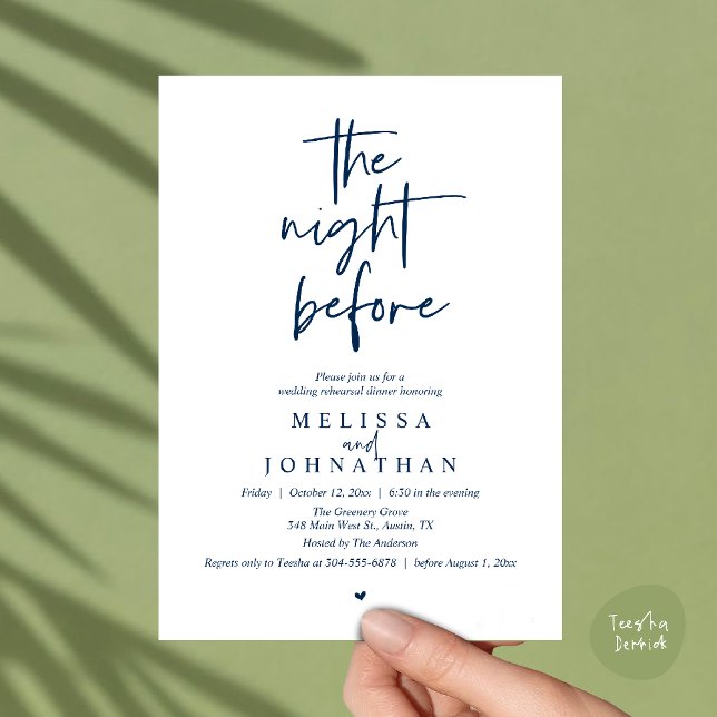 The night before, Modern Wedding Rehearsal Dinner Inbjudningar (The night before, Modern minimalist Wedding Rehearsal Dinner Invitation card in navy blue)