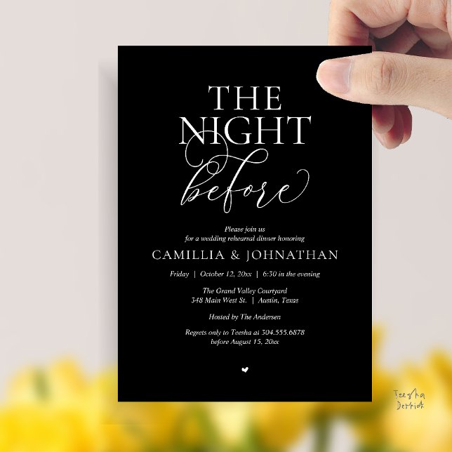 “The Night Before” Modern Wedding Rehearsal Dinner Inbjudningar (“The Night Before” Modern Classy Rehearsal Dinner Reception Invitation Card Black White)