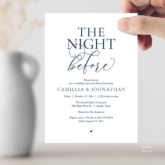 “The Night Before” Modern Wedding Rehearsal Dinner Inbjudningar (“The Night Before” Modern Classy Rehearsal Dinner Reception Invitation Card Navy Blue)