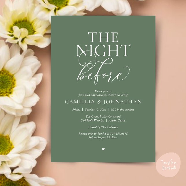 “The Night Before” Modern Wedding Rehearsal Dinner Inbjudningar (“The Night Before” Modern Classy Rehearsal Dinner Reception Invitation Card Sage Green)