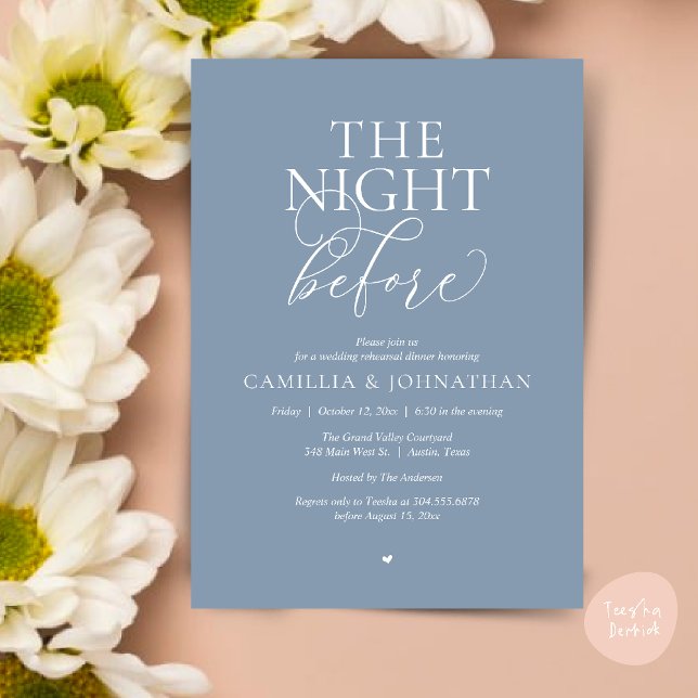 “The Night Before” Modern Wedding Rehearsal Dinner Inbjudningar (“The Night Before” Modern Classy Rehearsal Dinner Reception Invitation Card Dusty Blue)
